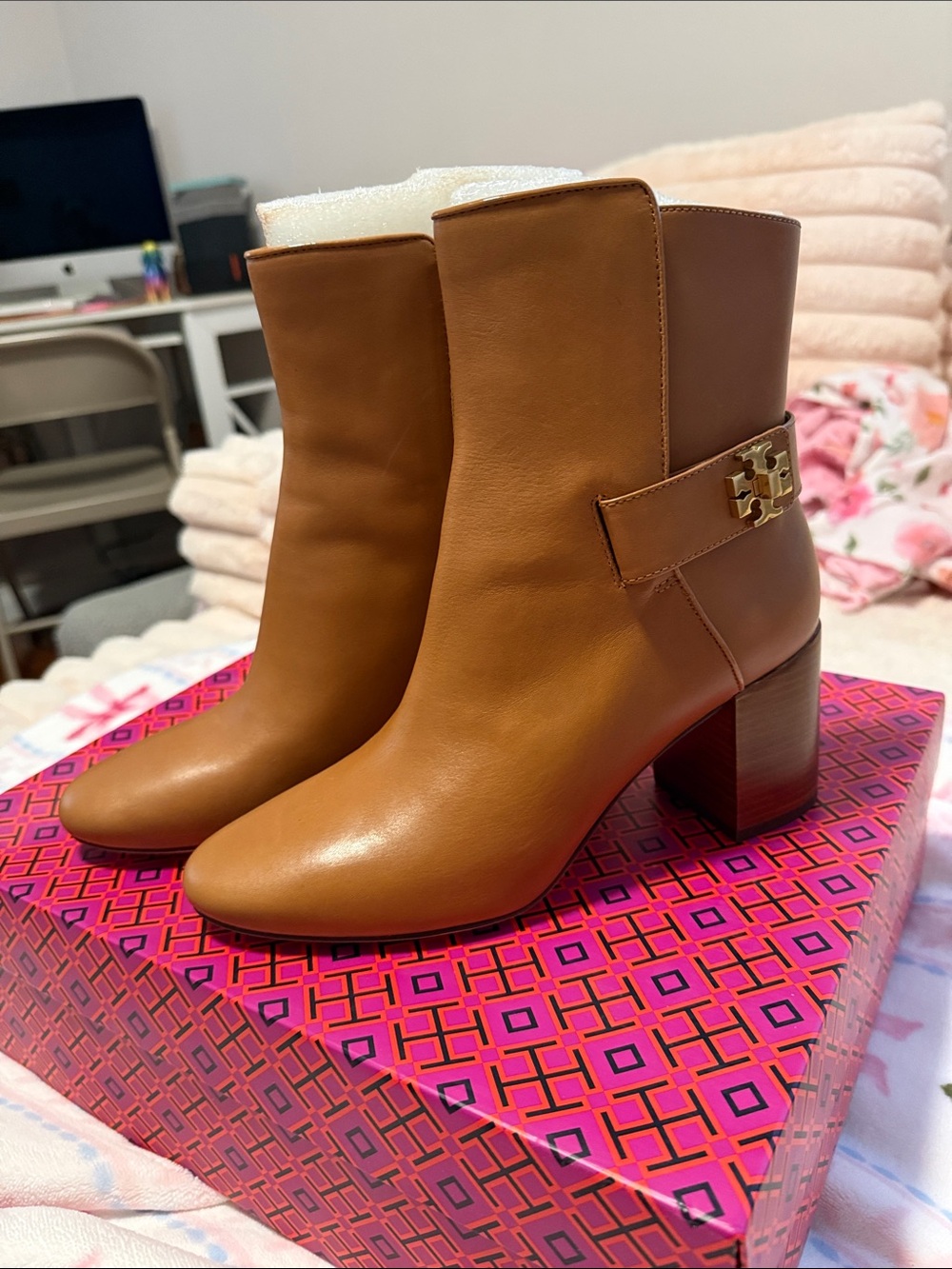 Tory Burch Cognac Leather Mid-Heel Ankle Booties